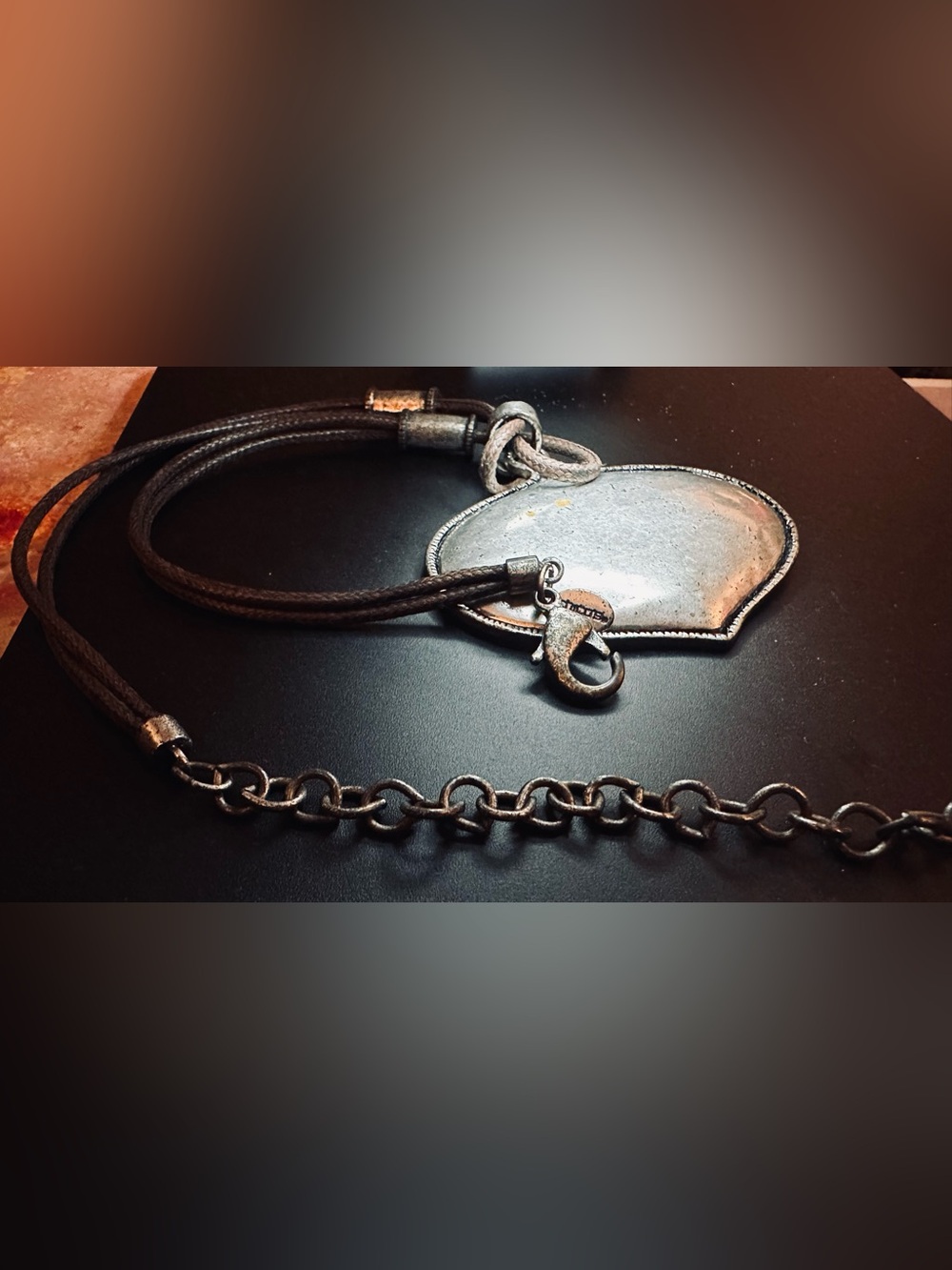 Chico’s Textured Oval Pendant Necklace with Brown Braided Cord Y2K